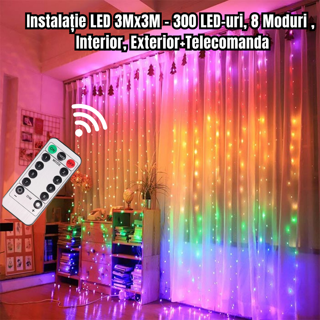 INSTALAȚIE TIP PERDEA  3Mx3M – 300 LED-URI MULTICOLOR, 8 MODURI, EXTERIOR / INTERIOR+TELECOMANDA