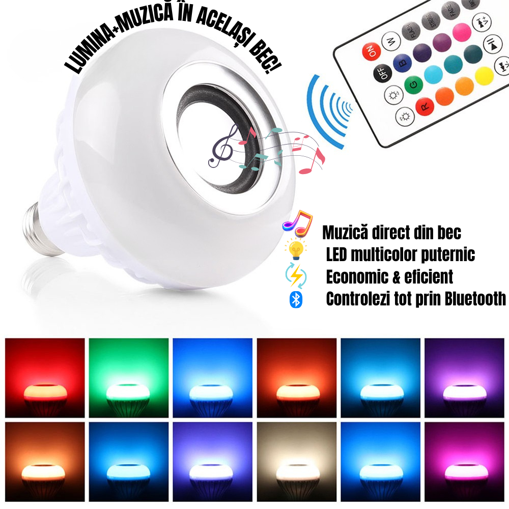 Pachet 1+1 Bec Muzical Inteligent LED cu Bluetooth și Telecomandă – Multicolo