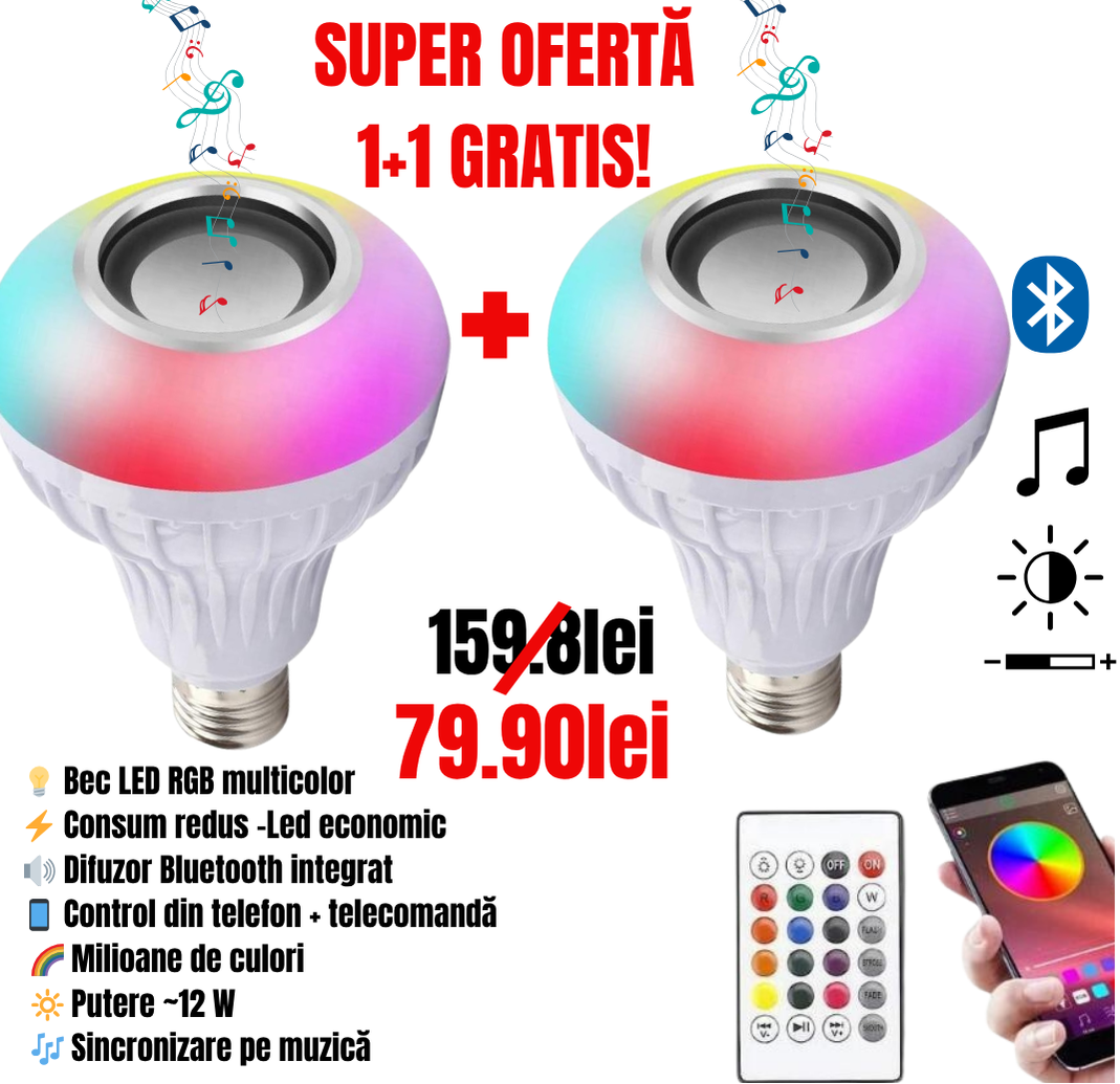 Pachet 1+1 Bec Muzical Inteligent LED cu Bluetooth și Telecomandă – Multicolo