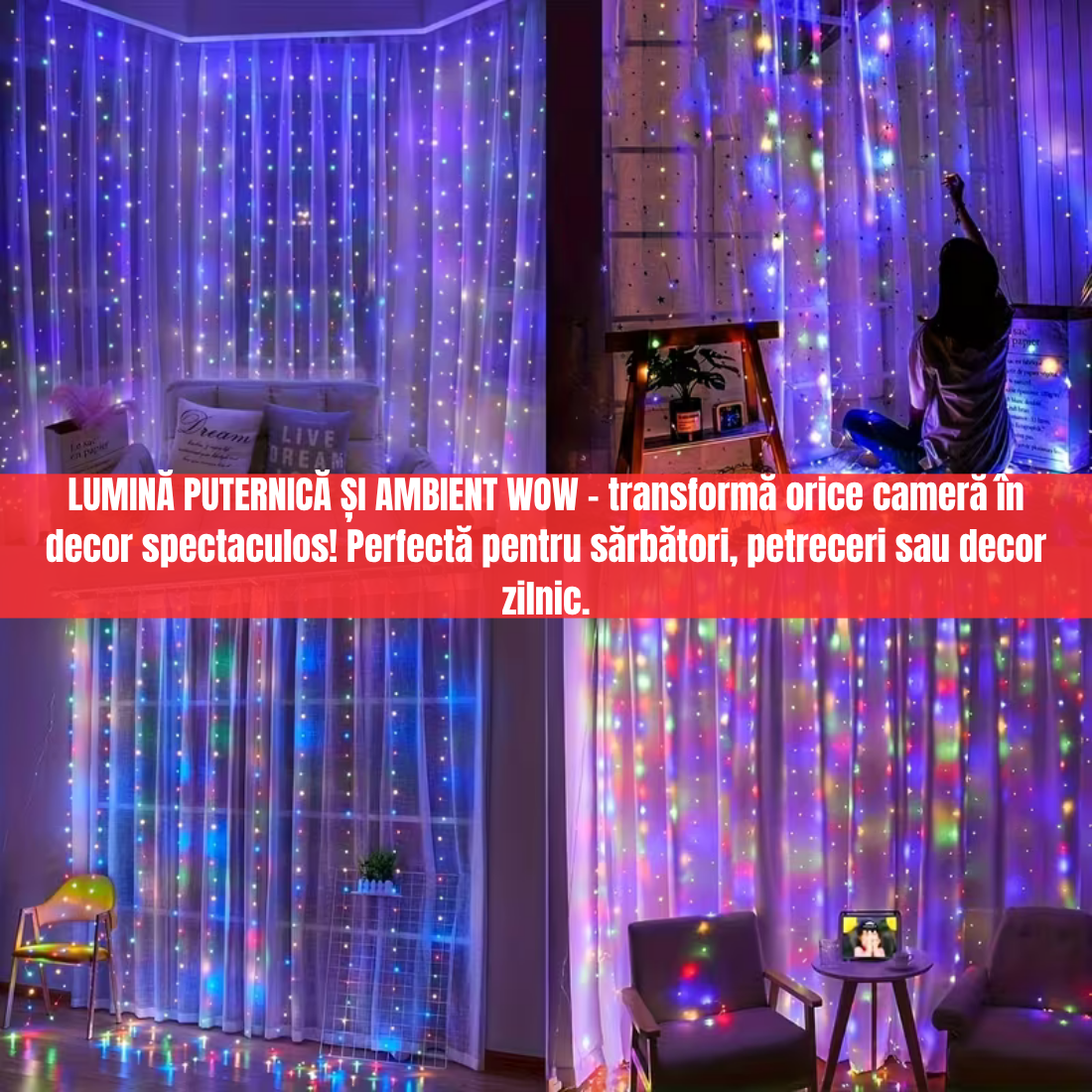 Instalație Tip Perdea LED 3x3m Multicolor – Telecomandă, 300 LED-uri