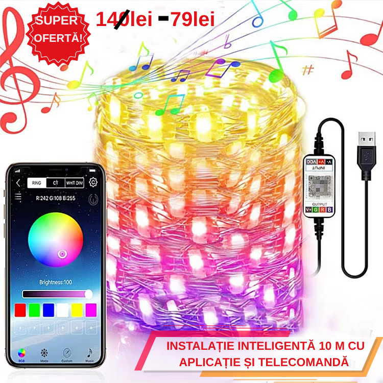 Instalație inteligentă 10m – multicoloră, control din aplicație + telecomandă,  muzică, bluetooth ,rezistentă la apă.