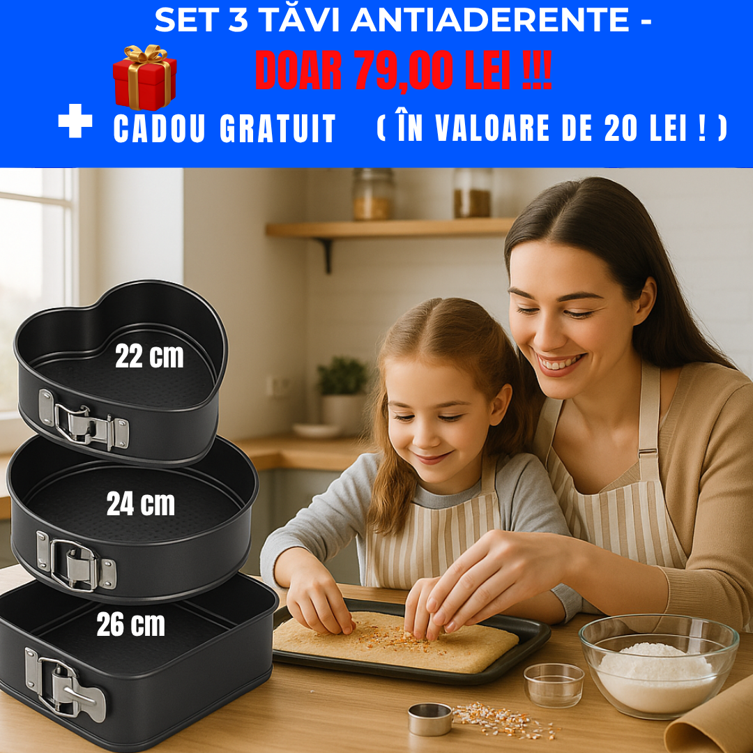 Set Profesional 3 Tăvi de Copt – Antiaderente, 22/24/26 cm