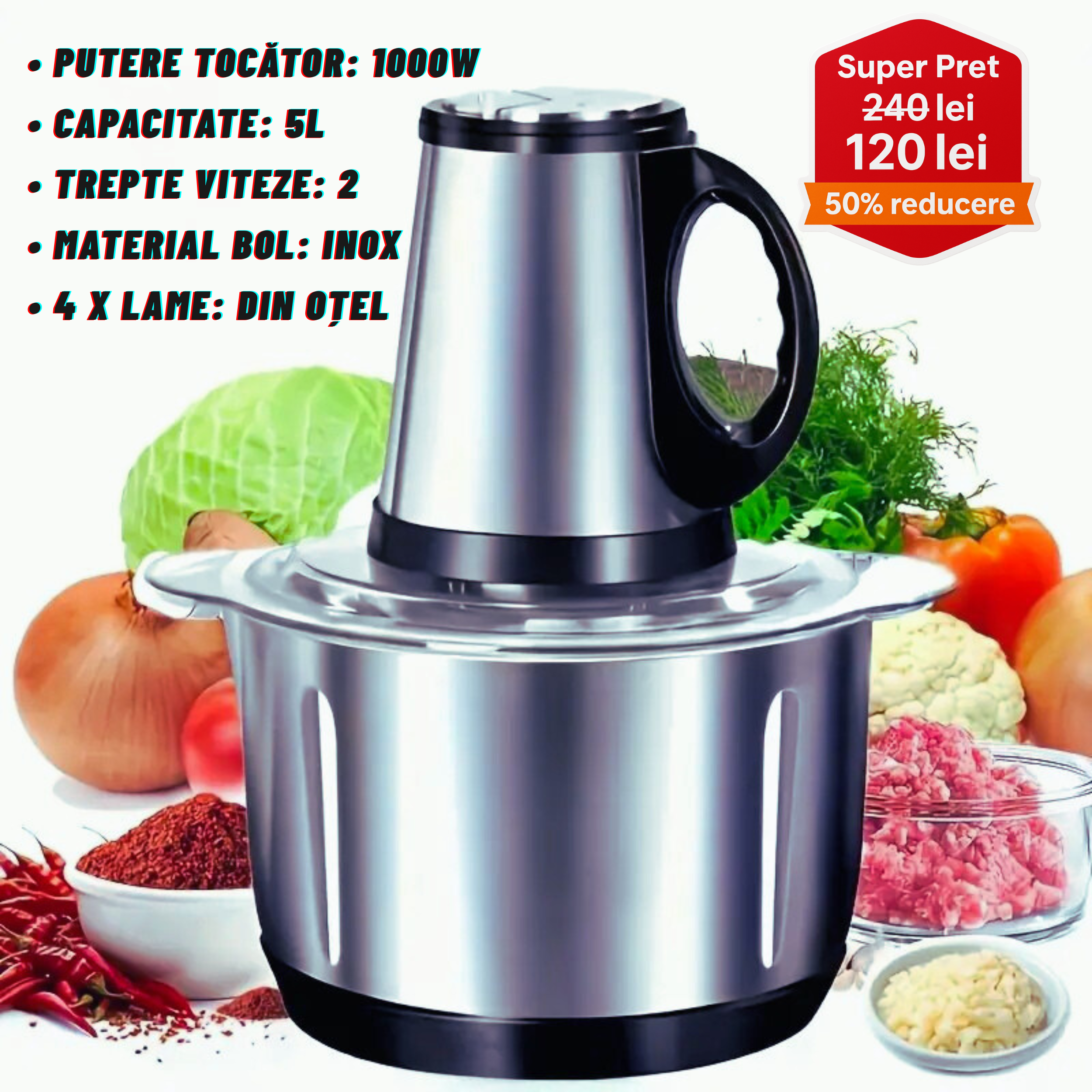 Tocător Electric Universal – 1000W, Bol Inox 5L, 4 Lame din Oțel Inoxidabil de Înaltă Calitate