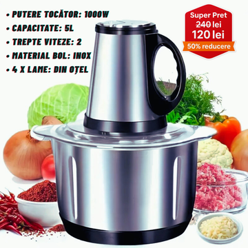 Tocător Electric Universal – 1000W, Bol Inox 5L, 4 Lame din Oțel Inoxidabil de Înaltă Calitate