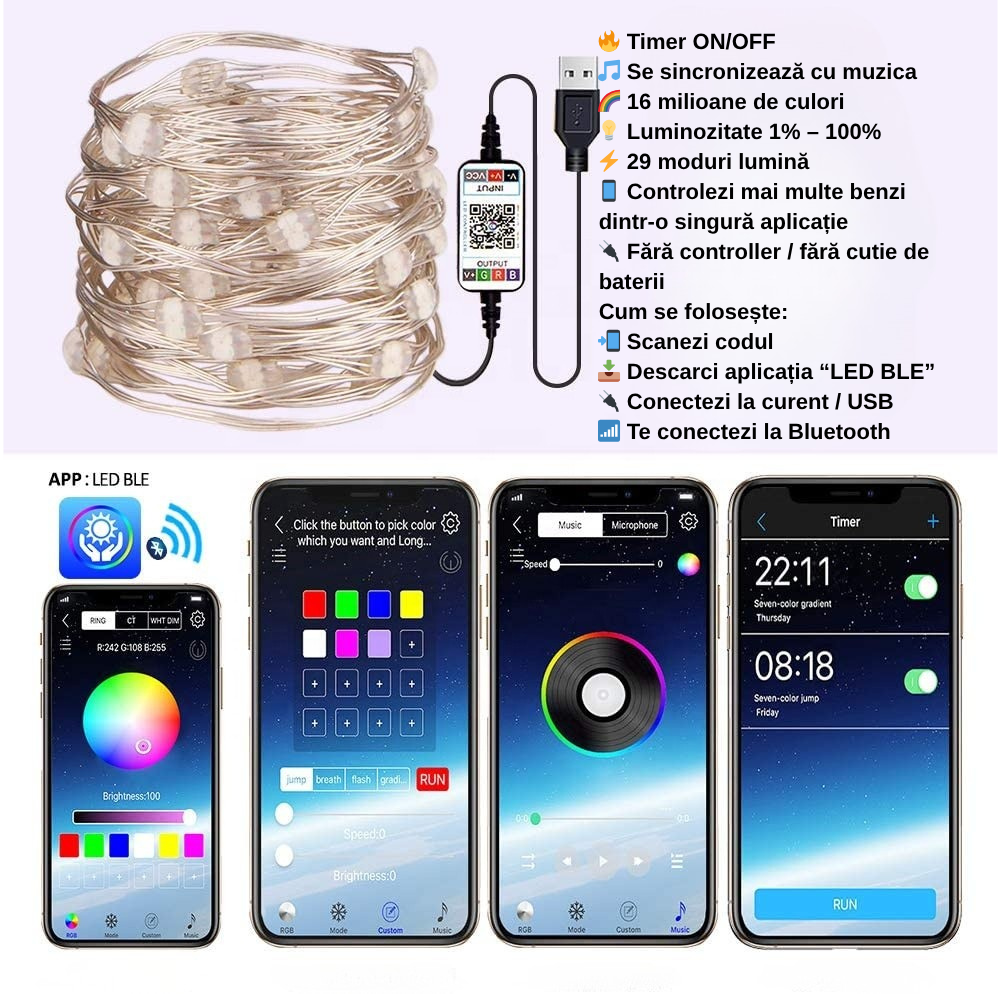 Instalație inteligentă 10m – multicoloră, control din aplicație + telecomandă,  muzică, bluetooth ,rezistentă la apă.