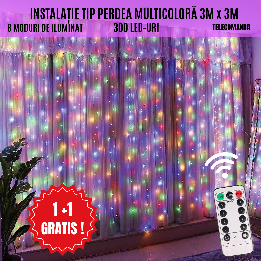 Instalație Tip Perdea LED 3x3m Multicolor – Telecomandă, 300 LED-uri