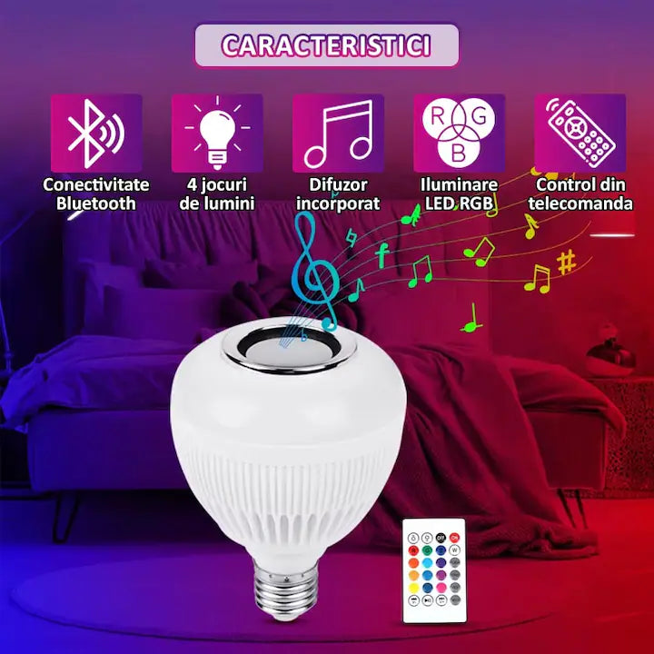 Pachet 1+1 Bec Muzical Inteligent LED cu Bluetooth și Telecomandă – Multicolo